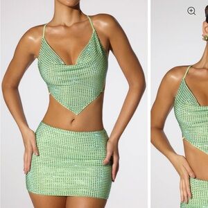 Oh Polly Embellished Mini Skirt & Cowl Neck Open Back Crop Top set in Sage Green